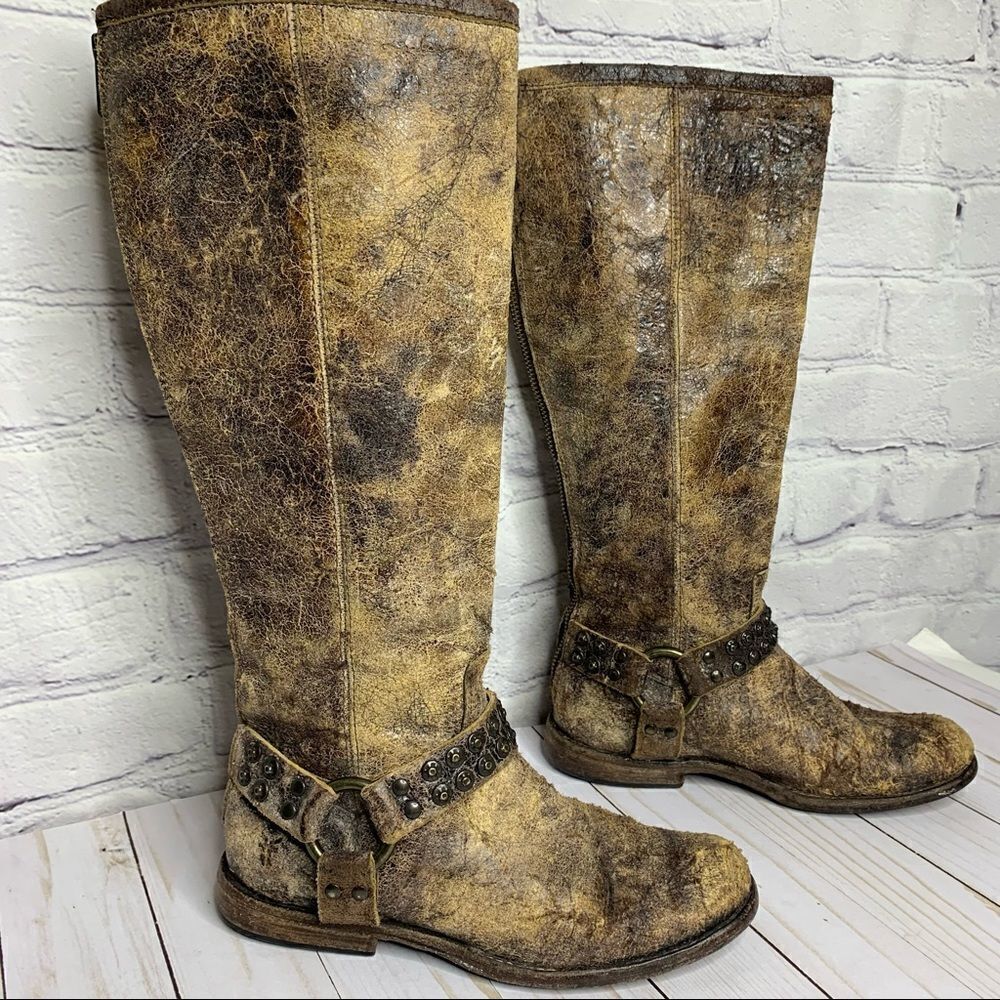FRYE Phillip studded harness tall boots in chocolate glazed vintage leather
